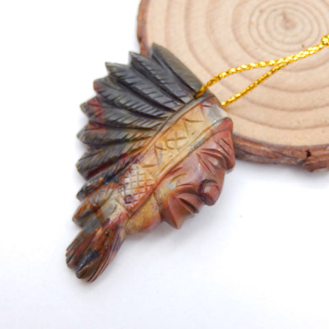 Perle pendentif tête indienne sculptée en jaspe rouge creek, 45 x 40 x 6 mm, 13,4 g