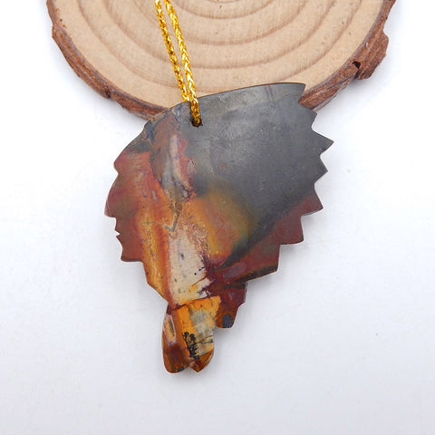 Perle pendentif tête indienne sculptée en jaspe rouge creek, 45 x 40 x 6 mm, 13,4 g