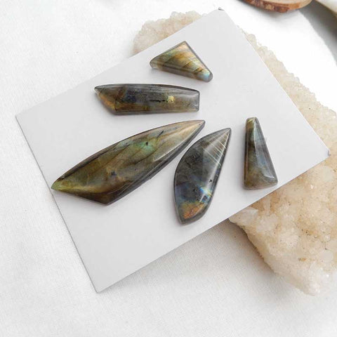 5 PCS Natural Labradorite Cabochons 58x19x6mm, 24x14x7mm, 24.8g
