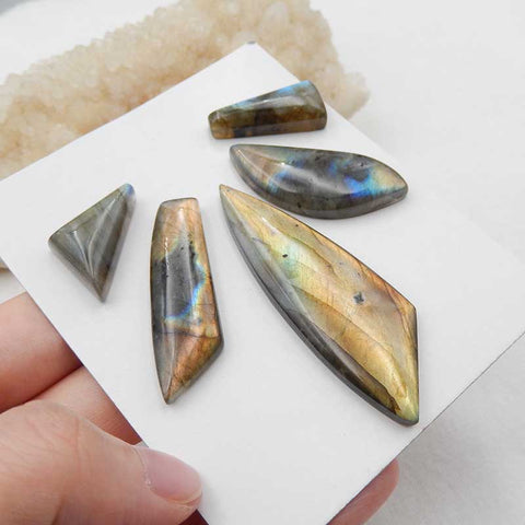 5 PCS Natural Labradorite Cabochons 58x19x6mm, 24x14x7mm, 24.8g