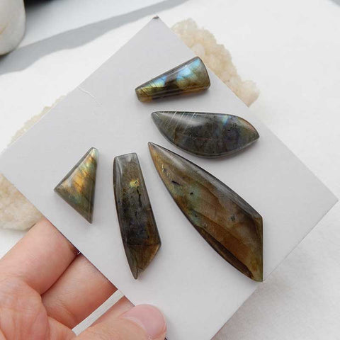 5 PCS Natural Labradorite Cabochons 58x19x6mm, 24x14x7mm, 24.8g