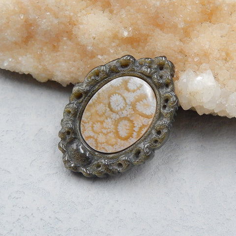 Intarsia of Obsidian and Indonesian Fossil Coral Pendant bead 39x28x6mm, 9.7g