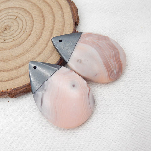 Paire de Boucles d'Oreilles Larme Collées Hématite Naturelle et Agate Rose, 32x21x5mm, 12.5g