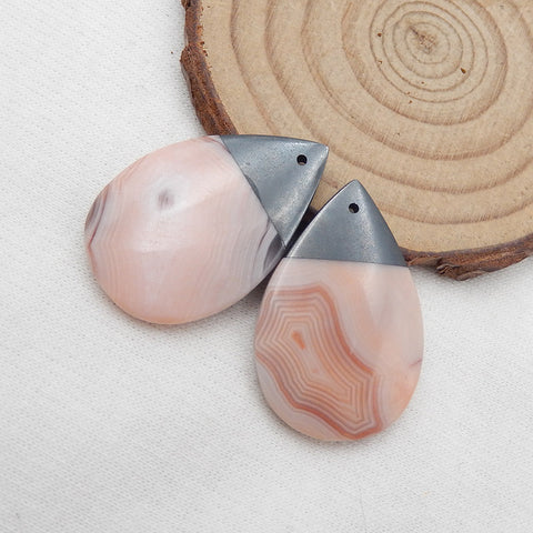 Paire de Boucles d'Oreilles Larme Collées Hématite Naturelle et Agate Rose, 32x21x5mm, 12.5g