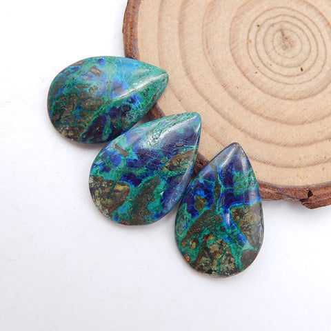 3 PCS Natural Blue Azurite Gemstone Cabochon Set, 26x17x4mm,8.7g