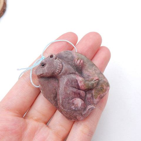 Perle pendentif en pierre gemme rectangulaire percée en rhodonite ours sculpté naturel, 42x38x11mm, 40g