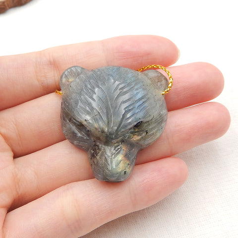 雕刻拉长石宝石熊头吊坠,36x34x13mm,19.8g