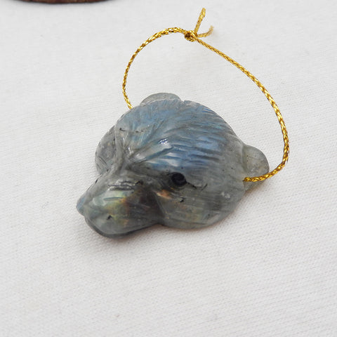 雕刻拉长石宝石熊头吊坠,36x34x13mm,19.8g