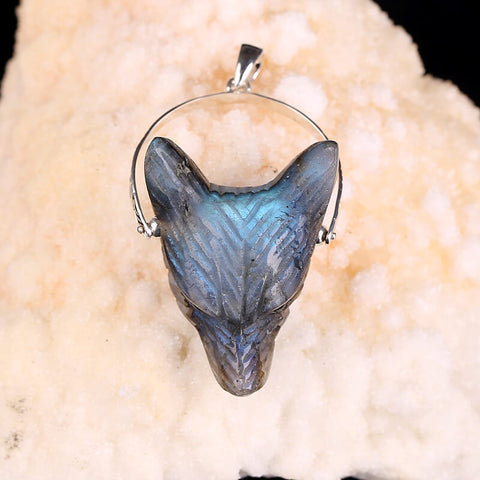 Natural Labradorite Handcarved Wolf Head Silver Pendant, 33x25x13mm, 12.6g - MyGemGarden