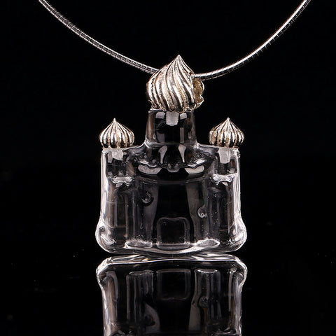 Pendentif château sculpté en quartz clair, dessus en argent sterling 925, 26x20x10 mm, 6,7 g
