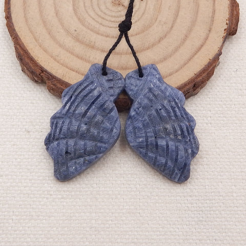 Paire de boucles d'oreilles en corail bleu sculpté en forme de coquillage, 32 x 19 x 5 mm, 5,9 g