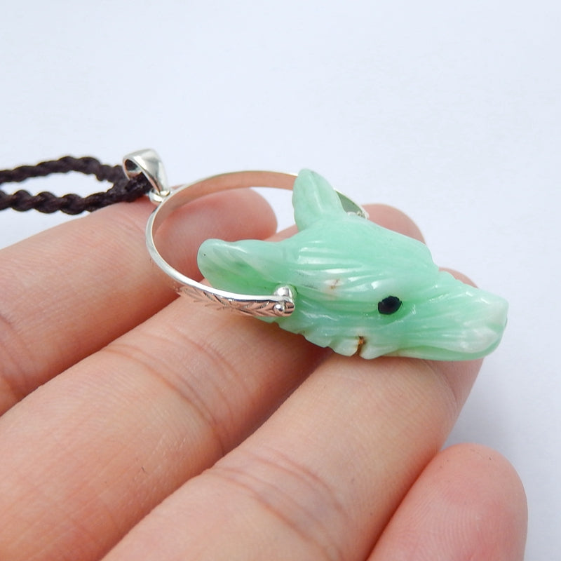Handcraft Chrysoprase carved Wolf Head Pendants, 925 Sterling Silver Pinch Bail, 28x20x9mm, 6.2g - MyGemGarden