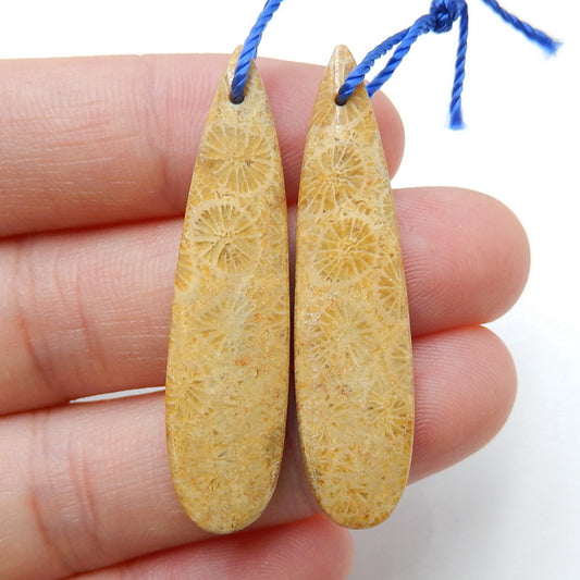 Natural Indonesian Fossil Coral Teardrop Earrings Pair, stone for Earrings making, 40x10x5mm, 4.9g - MyGemGarden