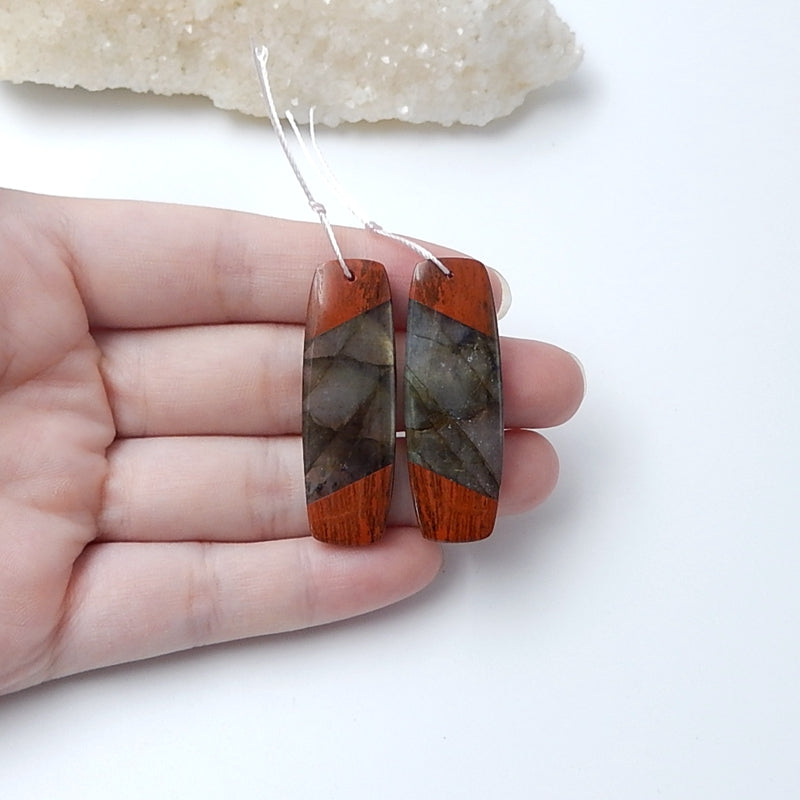 Labradorite And Red River Jasper Glued Gemstone Earrings Pair 42x14x5mm,11.5g - MyGemGarden