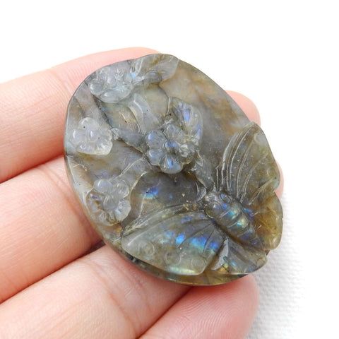 Carved Labradorite butterfly & Flower Gemstone Cabochon, 40x33x8mm, 17.8g - MyGemGarden