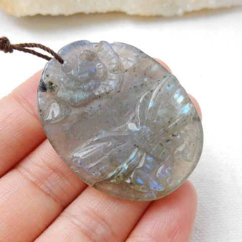 Labradorite hand carved butterfly & Flower charms Pendant, 41x32x5mm, 10.2g - MyGemGarden