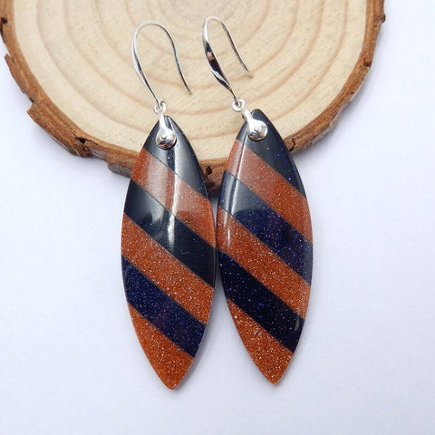 Blue Gold Stone and Red Gold Stone Intarsia Earrings, 925 Sterling Silver Findings, 43x15x4mm, 8.8g - MyGemGarden