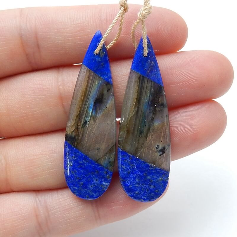 Lapis Lazuli and Labradorite Glued Gemstone Earrings Pair, 43x13x5mm, 8.2g - MyGemGarden
