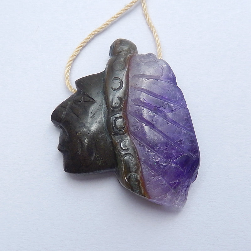 Natural Amethyst Carved Indian Head Gemstone Pendant Bead, 32x24x8mm, 7.5g - MyGemGarden