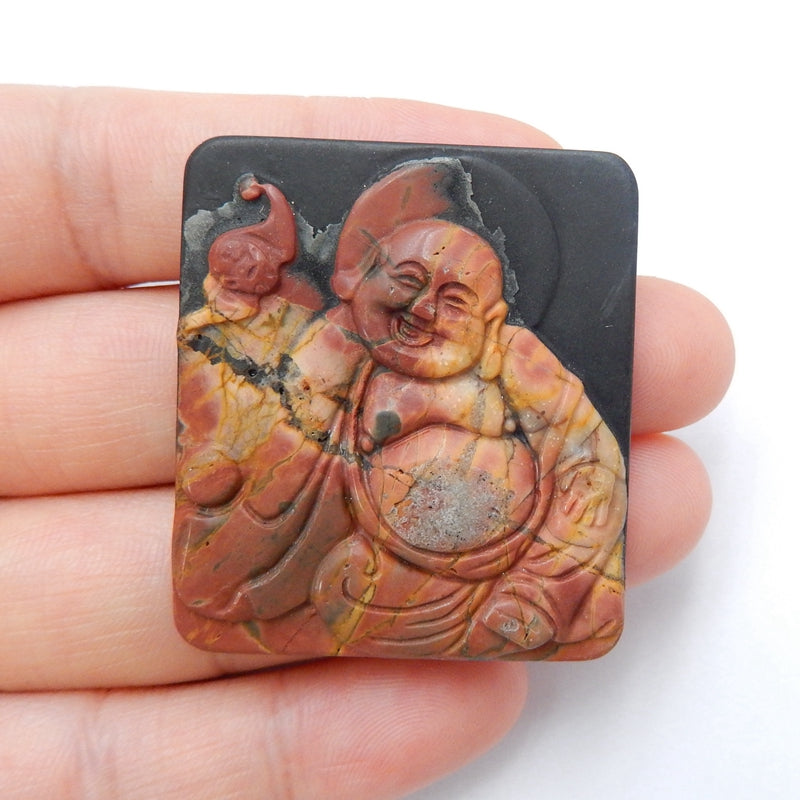 Carved buddha Multi-Color Picasso jasper and Obsidian Glued Gemstone Cabochon, 40x35x5mm, 13g - MyGemGarden