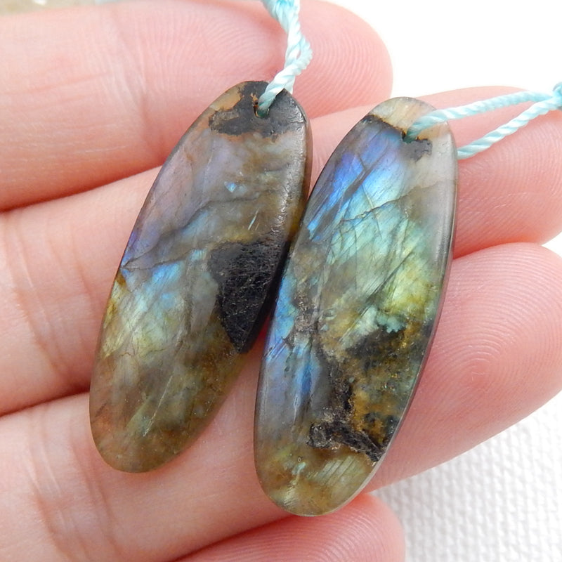 Natural Labradorite Oval Earrings Pair, stone for Earrings making, 30x11x4mm, 5.3g - MyGemGarden