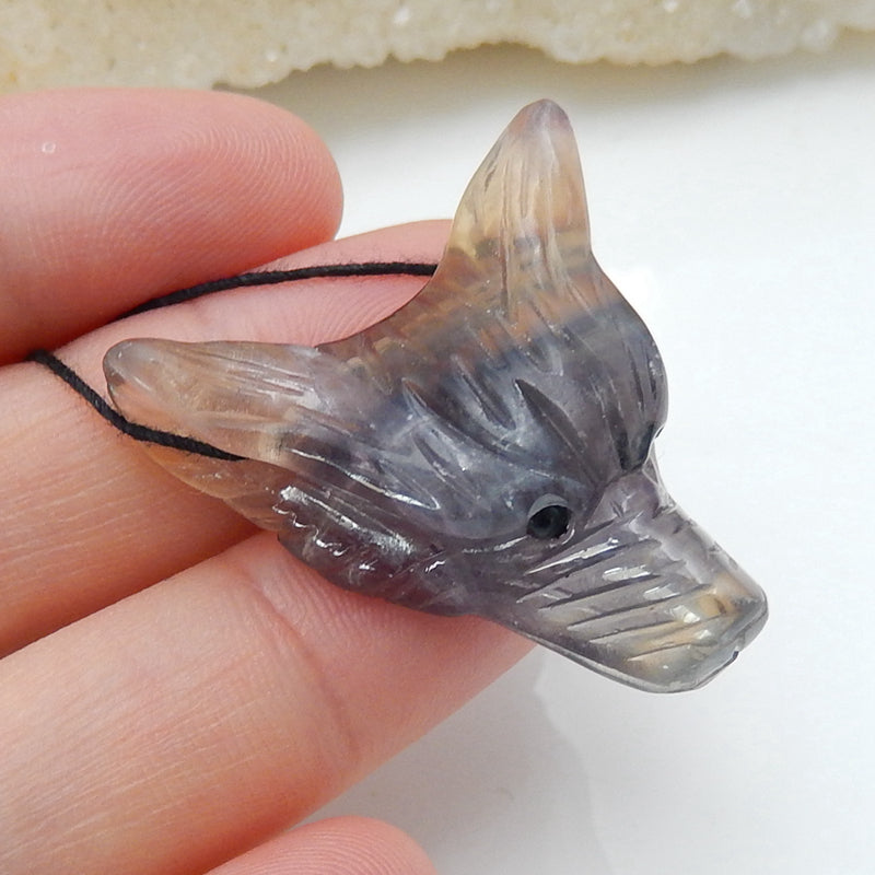 Handmade Fluorite Carved Wolf Head Pendant Bead, 31x29x12mm, 11.9g - MyGemGarden