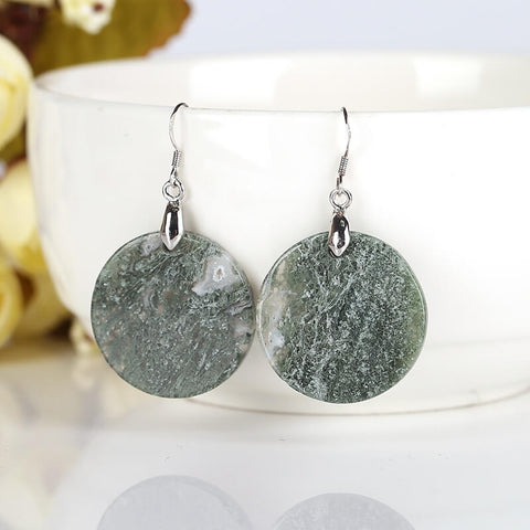 Green moss Agate Round earrings Drop earrings, natural stone jewelry, 15x15x3mm, 8.2g - MyGemGarden