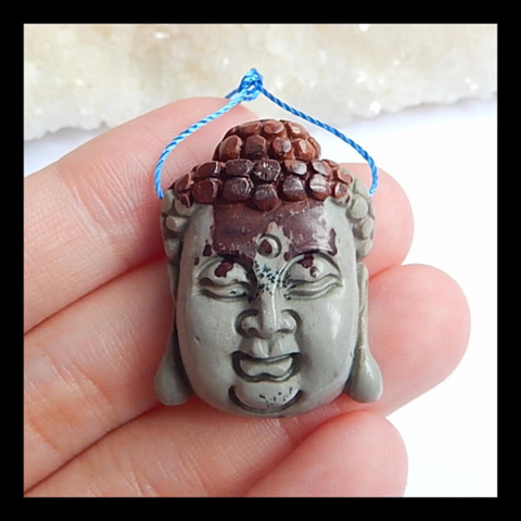 Carved Chohua Jasper Gemstone Buddha Head Pendant, 30x23x10mm, 9.5g - MyGemGarden