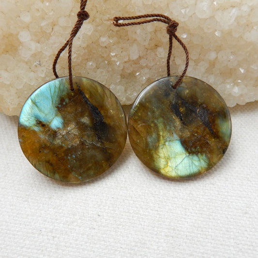 Natural Labradorite Round Earrings Pair, stone for Earrings making, 30x4mm, 15.4g - MyGemGarden