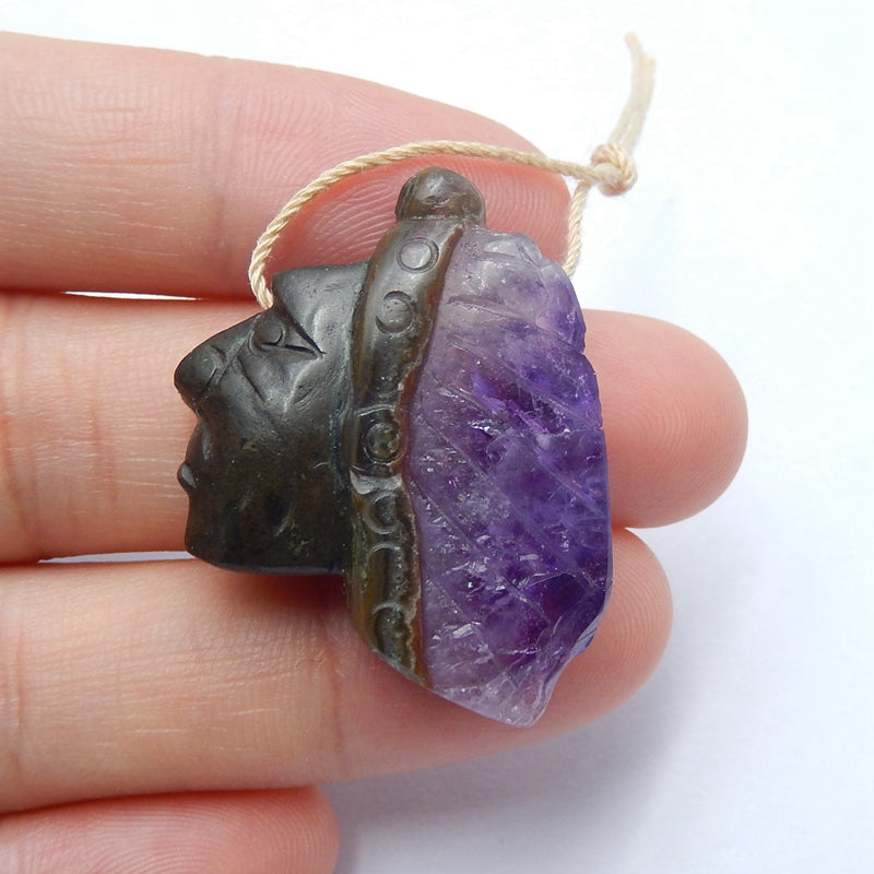 Natural Amethyst Carved Indian Head Gemstone Pendant Bead, 32x24x8mm, 7.5g - MyGemGarden