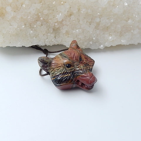 New Design Multi-Color Picasso Jasper Wolf Head Pendants, 32x30x17mm, 17.6g - MyGemGarden