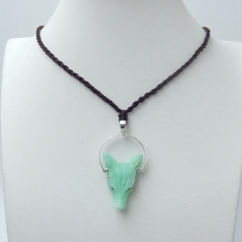 Handcraft Chrysoprase carved Wolf Head Pendants, 925 Sterling Silver Pinch Bail, 28x20x9mm, 6.2g - MyGemGarden