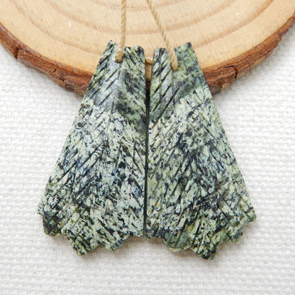 New! Hand Carved green zebra jasper Feather Earrings Pair, Natural Stone, 35x18x4mm, 6.5g - MyGemGarden