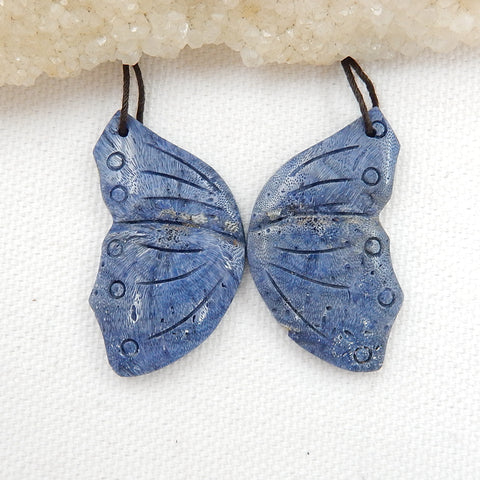 Carved Blue Coral butterfly Earrings,Natural Stone,DIY Jewelry Making, 37x21x5mm,9.1g - MyGemGarden