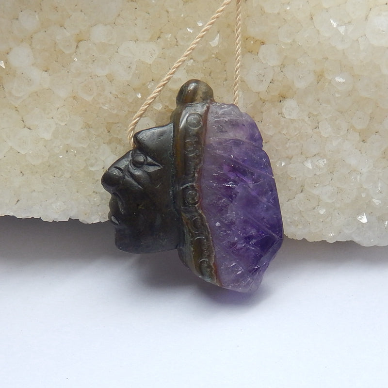 Natural Amethyst Carved Indian Head Gemstone Pendant Bead, 32x24x8mm, 7.5g - MyGemGarden