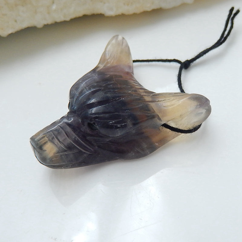 Handmade Fluorite Carved Wolf Head Pendant Bead, 31x29x12mm, 11.9g - MyGemGarden
