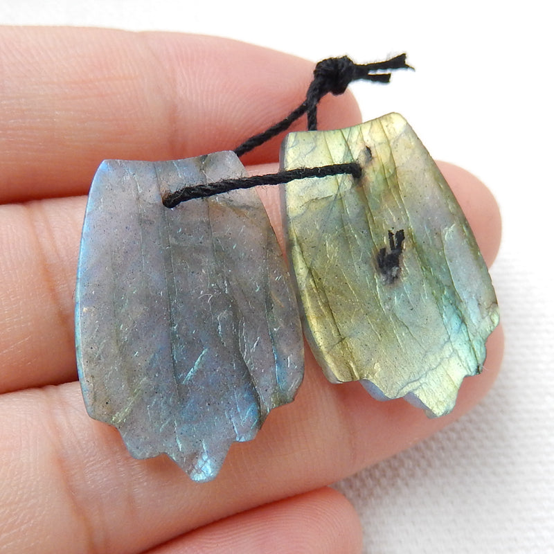 Labradorite Carved Feather Earrings Pair, Handcarved Gemstone Feather Dangle Earrings, 26x17x4mm, 6.5g - MyGemGarden