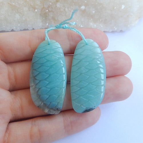 Carving Amazonite Earrings 37x17x4mm,9.90g - MyGemGarden