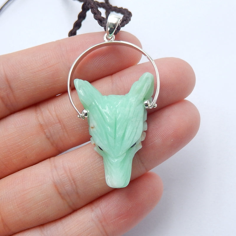 Handcraft Chrysoprase carved Wolf Head Pendants, 925 Sterling Silver Pinch Bail, 28x20x9mm, 6.2g - MyGemGarden
