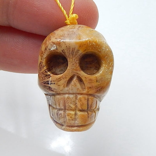 Natural Indonesian Fossil Coral Carving Skull Pendant, 25x20x17mm, 12.6g - MyGemGarden