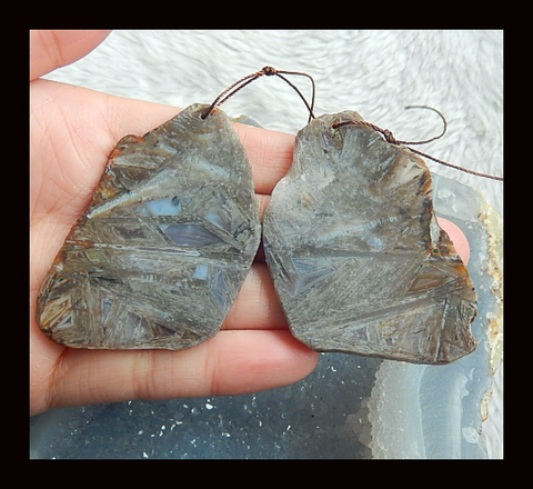 New,Nugget Bamboo Agate Gemstone Earrings Pair,56x35x3mm,24.0g - MyGemGarden