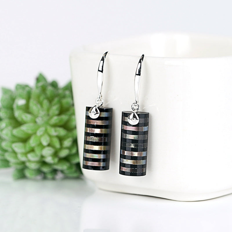 New design Onyx and Silver shell Drilled Intarsia Earrings , 925 Sterling Silver Findings, 13x8x5mm, 3.5g - MyGemGarden