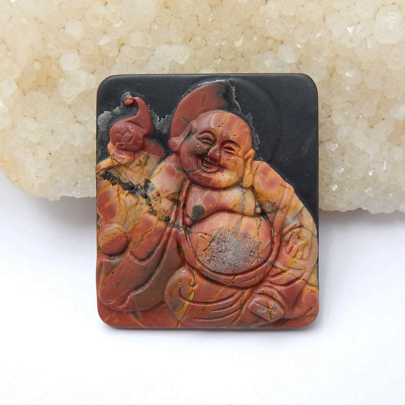 Carved buddha Multi-Color Picasso jasper and Obsidian Glued Gemstone Cabochon, 40x35x5mm, 13g - MyGemGarden