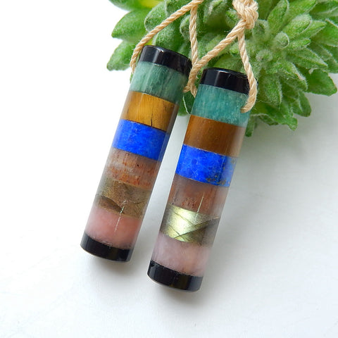 New Design Obsidian, Amazonite, Tiger-Eye, Lapis Lazuli, Sunstone, Labradorite and Pink Opal Glued Gemstone Earrings Pair, 28x7mm, 5.9g - MyGemGarden