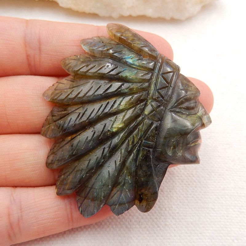 Natural Labradorite Carved Indian Culture Pendant Bead 52x46x7mm