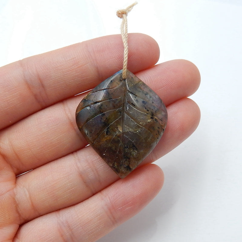 Natural Labradorite carved leaf Pendant Bead, 33x28x5mm, 6.1g - MyGemGarden