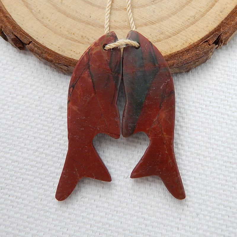 Hot sale Multi-Color Picasso jasper Carved fish Earrings Pair, stone for Earrings making, 34x11x4mm, 3.9g - MyGemGarden