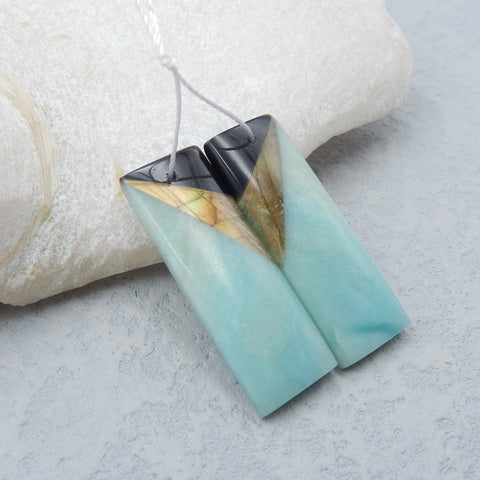 Intarsia of Obsidian, Labradorite and Amazonite Earring Beads 36x14x5mm, 10.3g