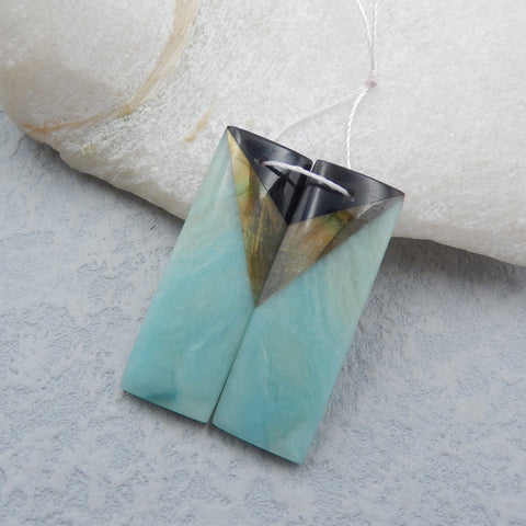 Intarsia of Obsidian, Labradorite and Amazonite Earring Beads 36x14x5mm, 10.3g