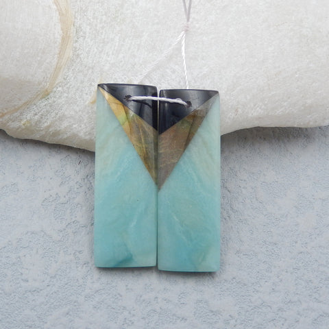 Intarsia of Obsidian, Labradorite and Amazonite Earring Beads 36x14x5mm, 10.3g